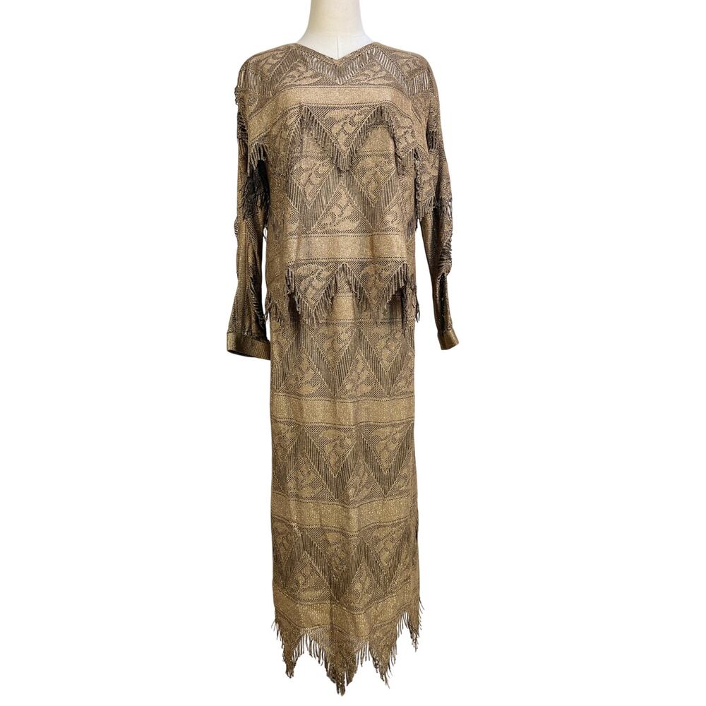 Vintage Damianou Gold Metallic Fringe 2 Piece Skirt Set